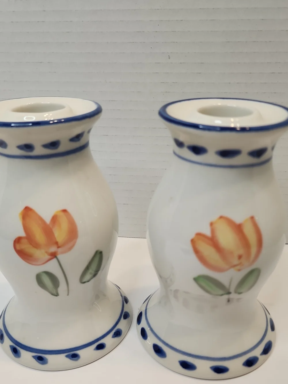 Pair Of Hand-Painted Floral Tulip Design Ceramic Candle Holders
